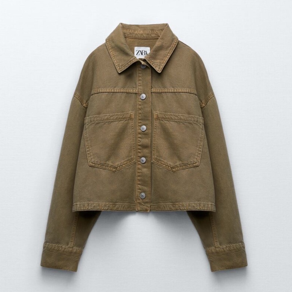Zara Denim Cropped Jacket in Khaki/Green